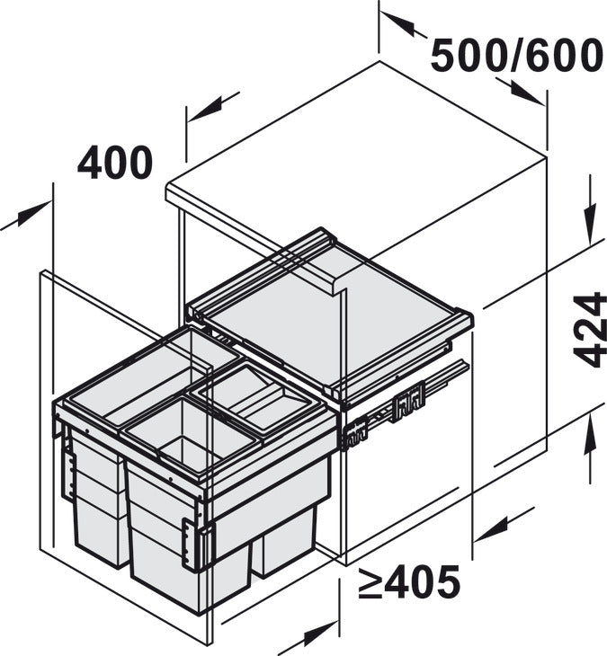 HAILO Cargo-Synchro 3-Compartment Kitchen Bin, 600mm Wide, 1 x 28 and 2 x 13 Litres, Fixed Door Panel