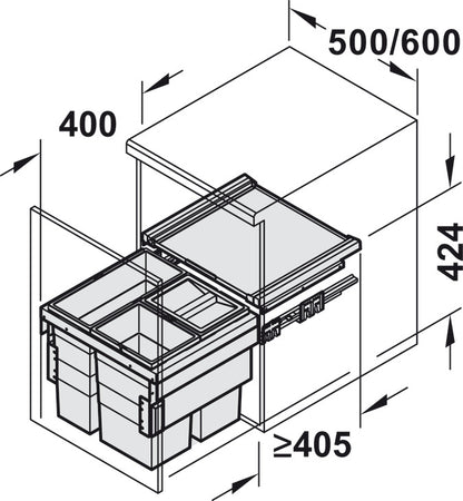 HAILO Cargo-Synchro 3-Compartment Kitchen Bin, 600mm Wide, 1 x 28 and 2 x 13 Litres, Fixed Door Panel