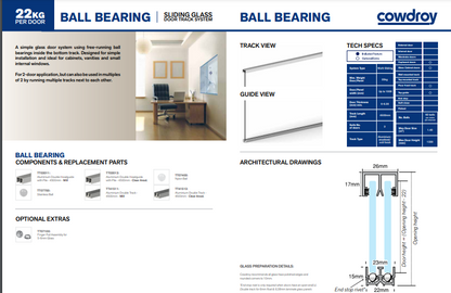 Cowdroy Ball Bearing Sliding Glass Door Track System Components 22Kg - Metre ,4500mm (Mill & Anodised)
