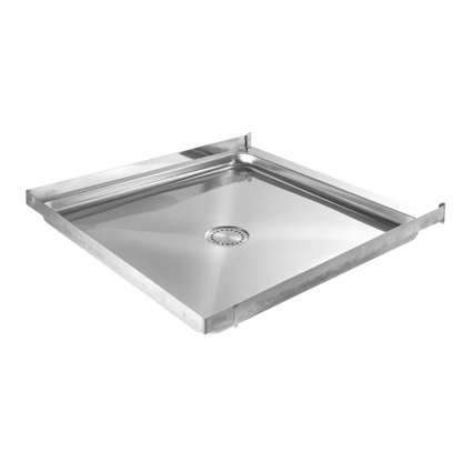 MERCER K SERIES SHOWER TRAYS -304 0.9MM  2 AND 3 SIDE EASY CLEAN 50MM SIDE OUTLET INT STEP POLYBASE