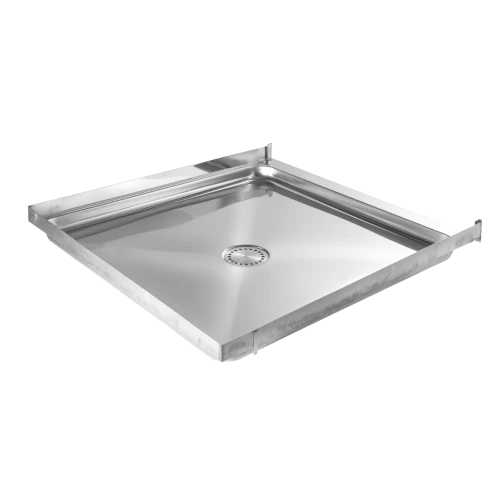 MERCER K SERIES SHOWER TRAYS -304 0.9MM  2 AND 3 SIDE EASY CLEAN 50MM SIDE OUTLET INT STEP POLYBASE