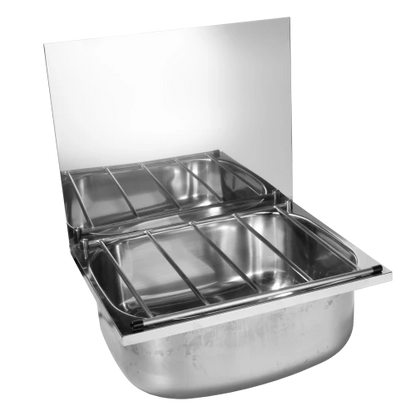 MERCER XL CLEANER SINK BUCKET WITH GRID -0.8MM BACK/RIGHT UPSTAND 90/40MM WASTE WITH AND WITH OUT OVERFLOW 304