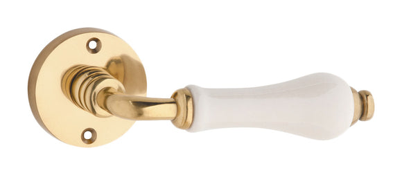Door Lever Exeter Round Rose Pair Ivory Porcelain Polished Brass D50xP66mm