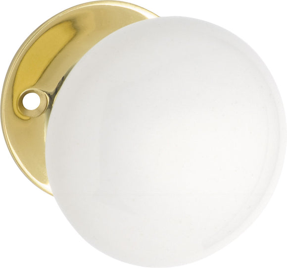 Door Knob White Porcelain Round Rose Pair Polished Brass D55xP57mm