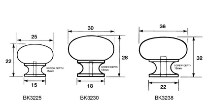 Kethy Brass  Mushroom Knob 25mm Available in 4 Colours : Polished Brass ,Brushed Nickel ,Polished Chrome ,Satin Chrome