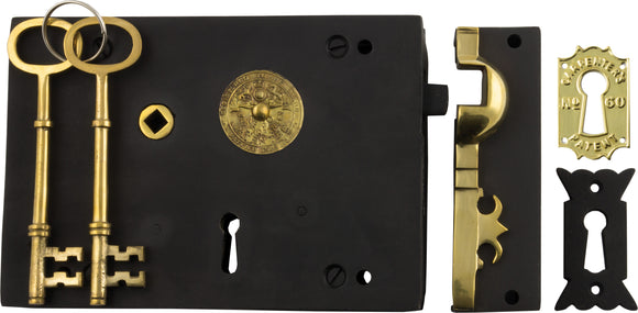 Rim Lock Carpenters Left Hand Unlacquered Brass Matt Black H128xW182mm Backset 116mm