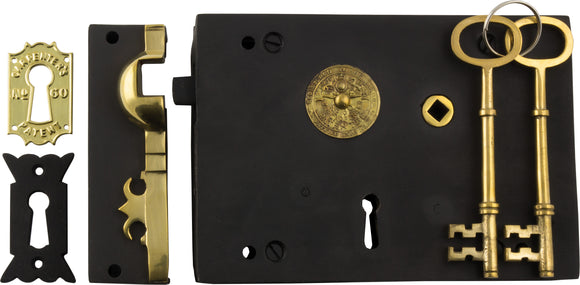 Rim Lock Carpenters Right Hand Unlacquered Brass Matt Black H128xW182mm Backset 116mm
