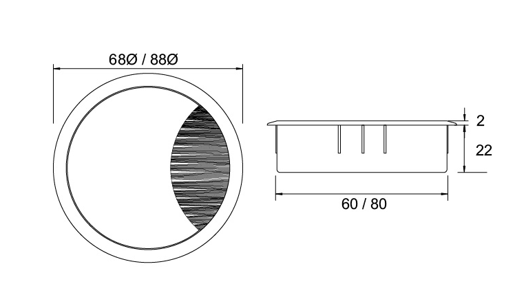 Kethy Cable Outlets ABS 22mm x 60mm Diameter Black With Brush Available in 3 Colours : Black ,Light Grey ,Silver