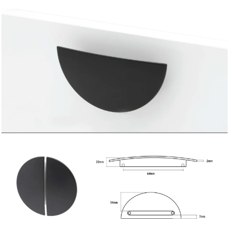 ELITE LUNA 1/2 ( HALF ) MOON HANDLE HOLE CENTRE 64MM ( LENGTH 98MM x HEIGHT 20MM x THIKNESS 2MM ) - AVAILABLE IN 3 COLOURS : BRUSHED NICKEL MATT ,BRUSHED GOLD SATIN BLACK,