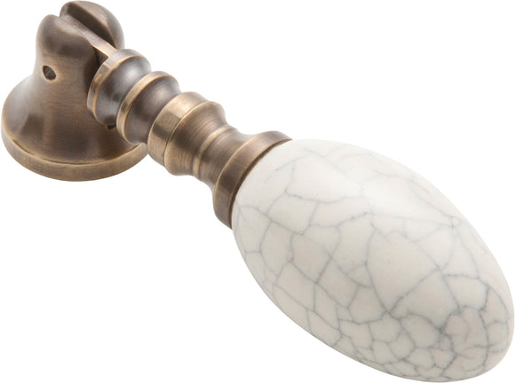 Cabinet Pull Handle Crazed Ivory Porcelain Teardrop Antique Brass BP18mm Drop 65mm