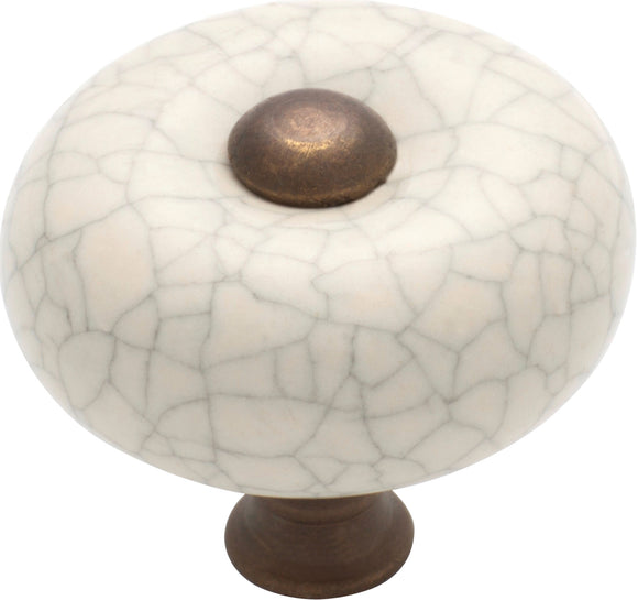 Cupboard Knob Crazed Ivory Porcelain Round Antique Brass D32xP29mm