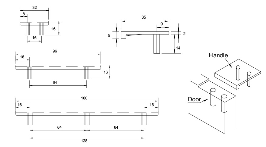 Kethy Straight Flat Edge Pull 160mm O/A 3 Dowel Black Paint Matt#6 & Satin Chrome
