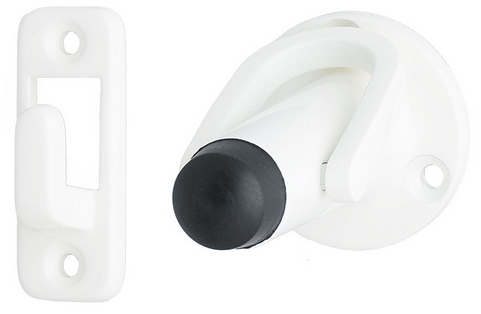 MILES NELSON DOOR STOP ROUND LATCH BACK IN 3 COLOURS : BLACK ,POWDER COAT WHITE ,SATIN CHROME