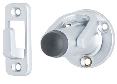 MILES NELSON DOOR STOP ROUND LATCH BACK IN 3 COLOURS : BLACK ,POWDER COAT WHITE ,SATIN CHROME