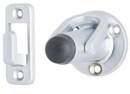 MILES NELSON DOOR STOP ROUND LATCH BACK IN 3 COLOURS : BLACK ,POWDER COAT WHITE ,SATIN CHROME