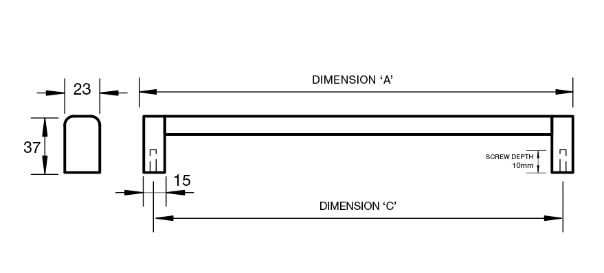 Kethy Torino Stainless D Handle 23mm wide S/Steel Oval with Square Foot C to C Available In 4 Sizes : 500mm x 480mm ,600mm x 580mm ,700mm x 680mm ,800mm x 780mm