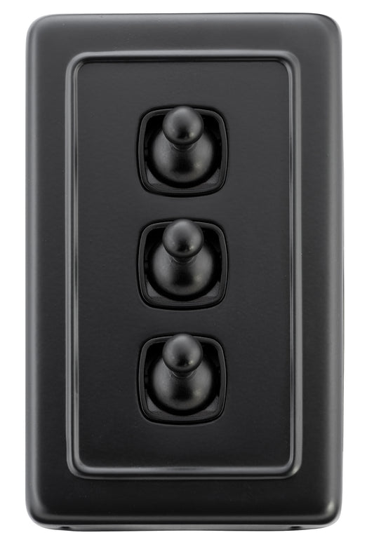 Switch Flat Plate Toggle 3 Gang Matt Black H115xW72mm