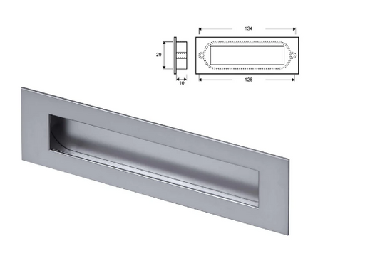 ELITE RECTANGLE INSET HOLE CENTRE 128MM LENGTH :134mm x HEIGHT :38.5mm x DEPTH :10mm SATIN CHROME