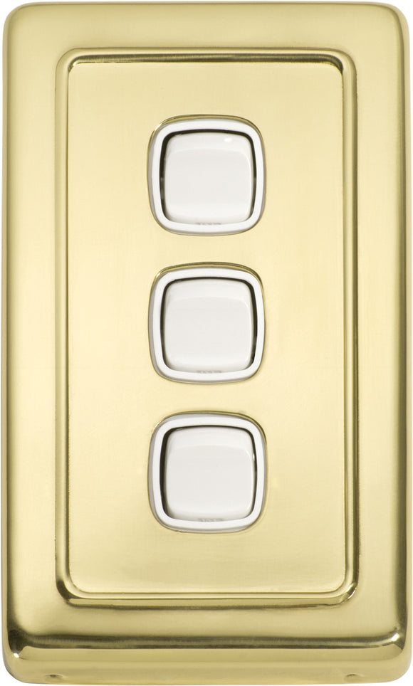 Switch Flat Plate Rocker 3 Gang White Polished Brass H115xW72mm