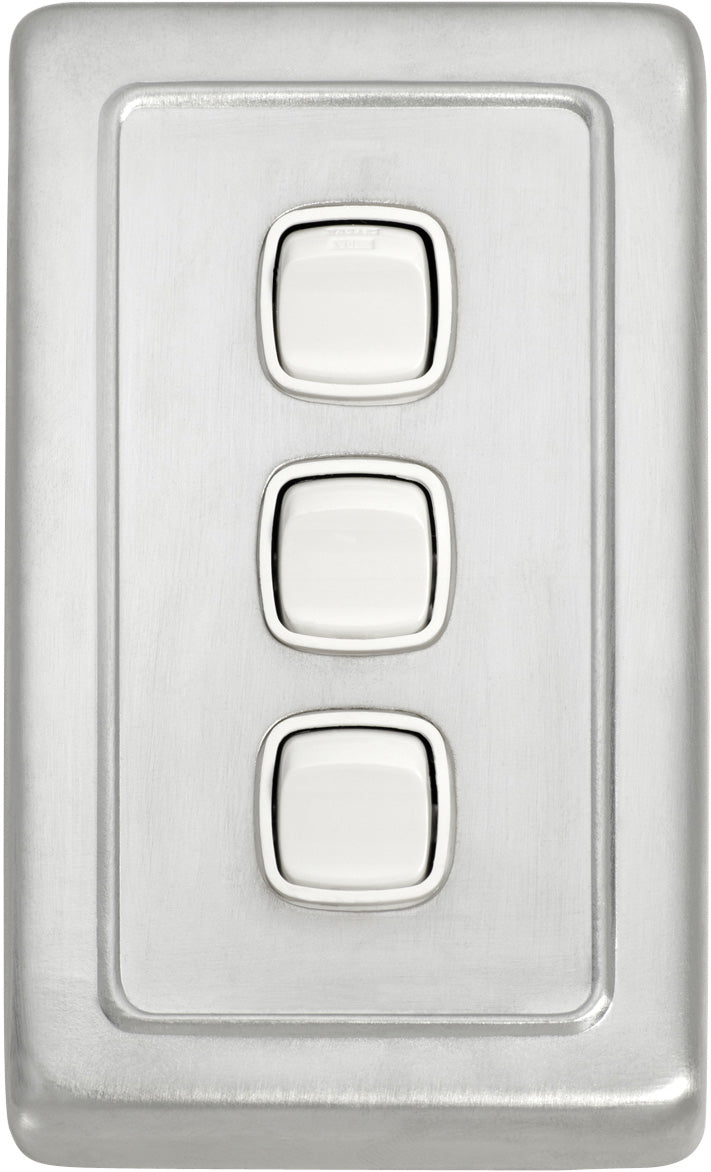 Switch Flat Plate Rocker 3 Gang White Satin Chrome H115xW72mm