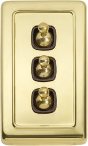 Switch Flat Plate Toggle 3 Gang Brown Polished Brass H115xW72mm