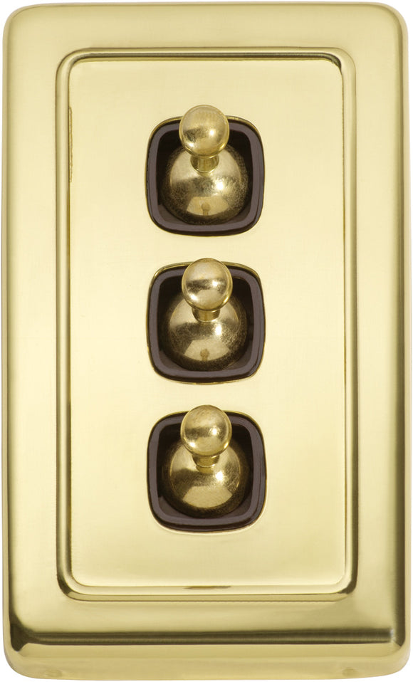 Switch Flat Plate Toggle 3 Gang Brown Polished Brass H115xW72mm