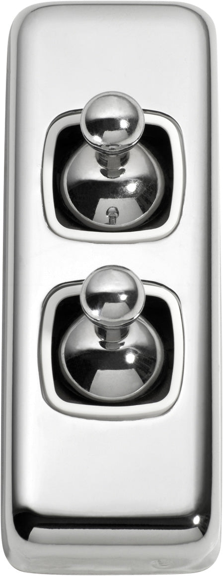 Switch Flat Plate Toggle 2 Gang White Chrome Plated H82xW30mm