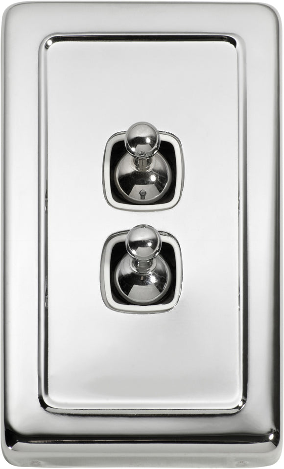 Switch Flat Plate Toggle 2 Gang White Chrome Plated H115xW72mm