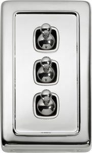 Switch Flat Plate Toggle 3 Gang White Chrome Plated H115xW72mm