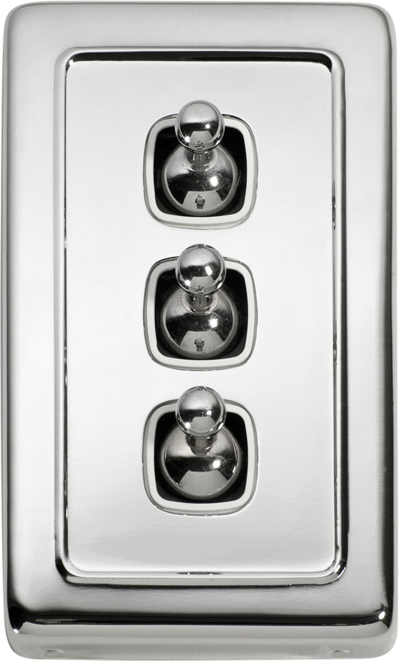 Switch Flat Plate Toggle 3 Gang White Chrome Plated H115xW72mm