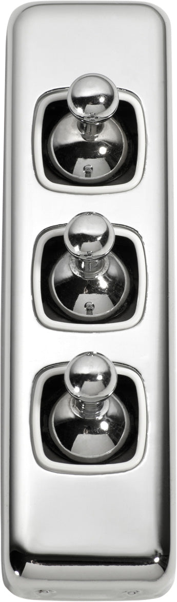 Switch Flat Plate Toggle 3 Gang White Chrome Plated H108xW30mm