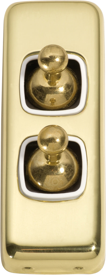 Switch Flat Plate Toggle 2 Gang White Polished Brass H82xW30mm