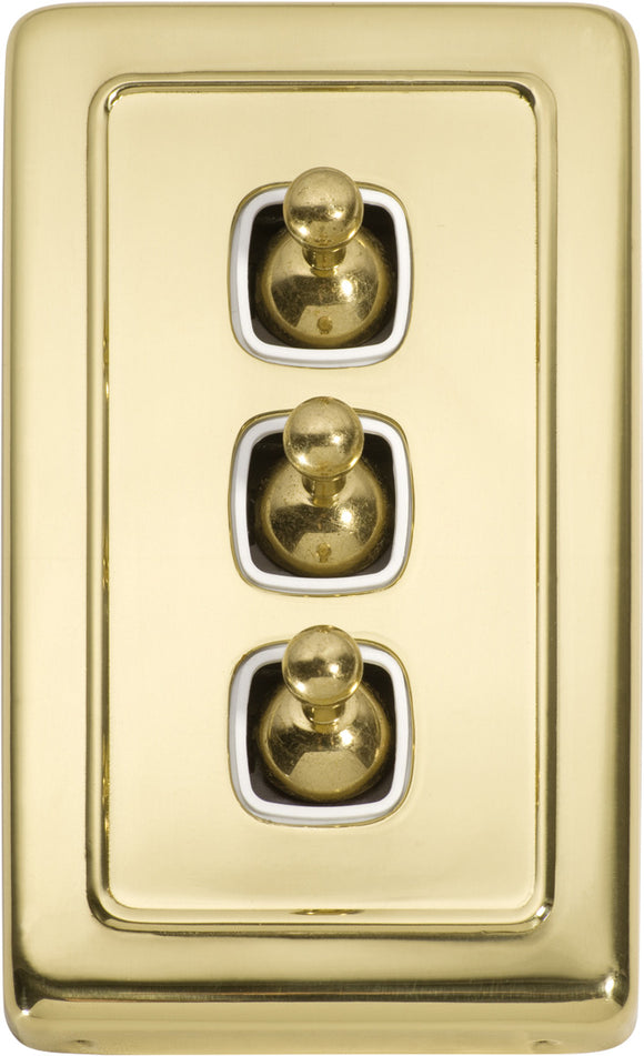 Switch Flat Plate Toggle 3 Gang White Polished Brass H115xW72mm