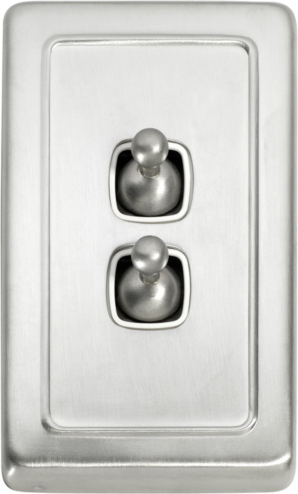 Switch Flat Plate Toggle 2 Gang White Satin Chrome H115xW72mm
