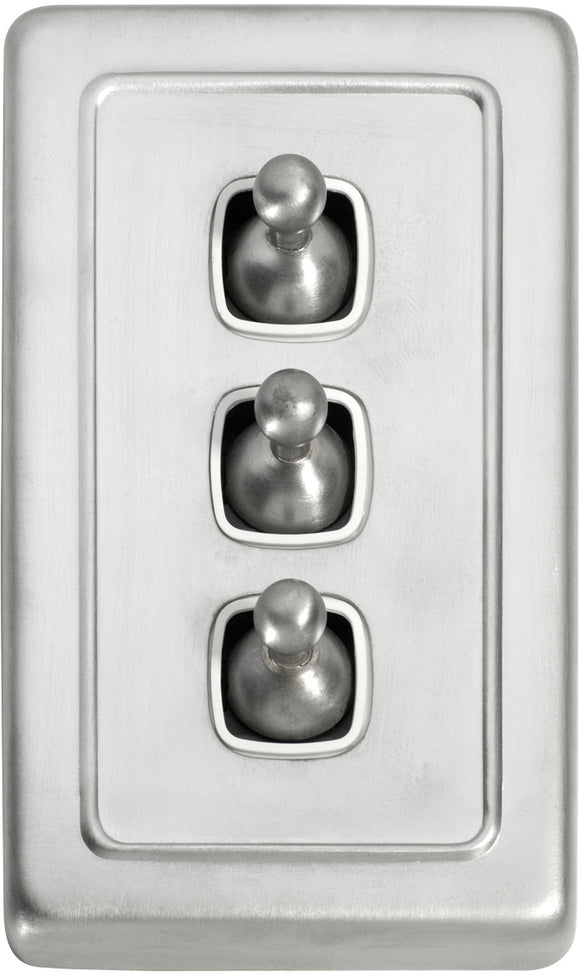 Switch Flat Plate Toggle 3 Gang White Satin Chrome H115xW72mm