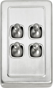 Switch Flat Plate Toggle 4 Gang White Satin Chrome H115xW72mm