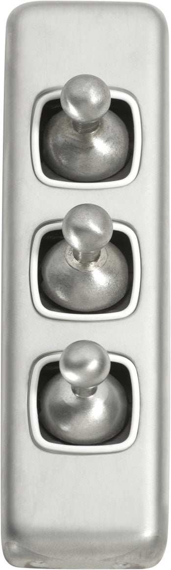 Switch Flat Plate Toggle 3 Gang White Satin Chrome H108xW30mm