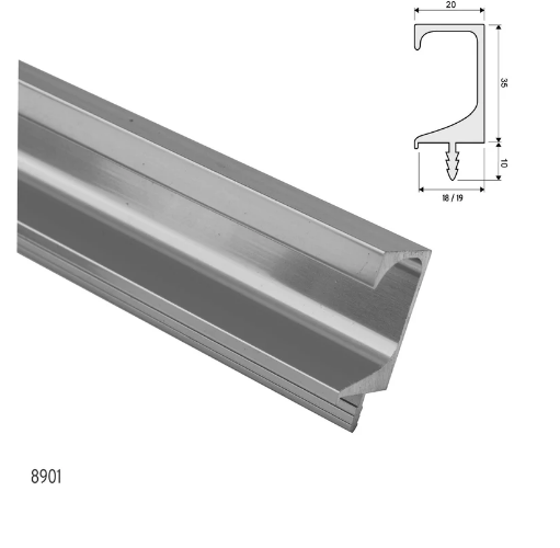 ELITE NOVARA G PROFILE 18MM ( LENGTH : 3MTR ,HEIGHT : 35mm ,WIDTH : 18mm ) AVAILABLE IN 4 COLOURS : MATT CHROME ,SATIN BLACK ,MIRROR NICKEL ,RAW ALUMINIUM