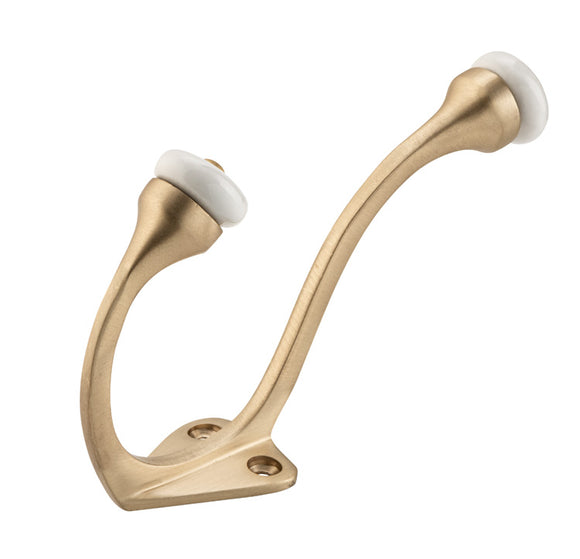 Hat & Coat Hook Porcelain Tip Satin Brass H115xP75mm