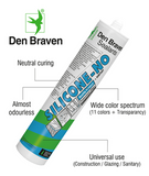 Den Braven Silicon.  Available in 12 colours  WHITE, TRANSLUCENT GREY, SILVER GREY, BLACK, ANTHRACITE, TRANS GREY, GREY WHITE, MANHATTAN, PERGAMON,, JASMINE, CREAM & BROWN